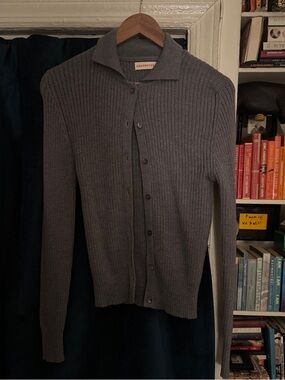 Ribbed Button-Up Cardigan in Charcoal Gray